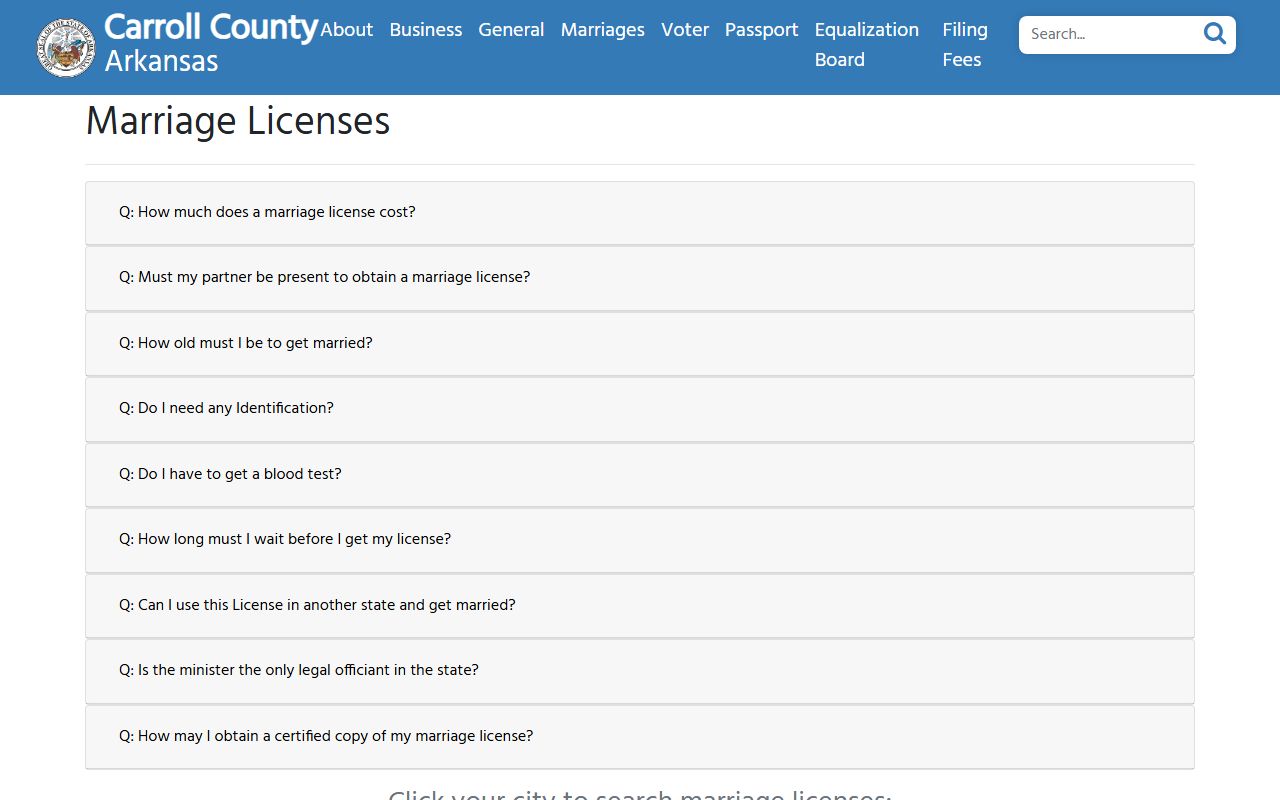 Carroll County Arkansas marriage license office page