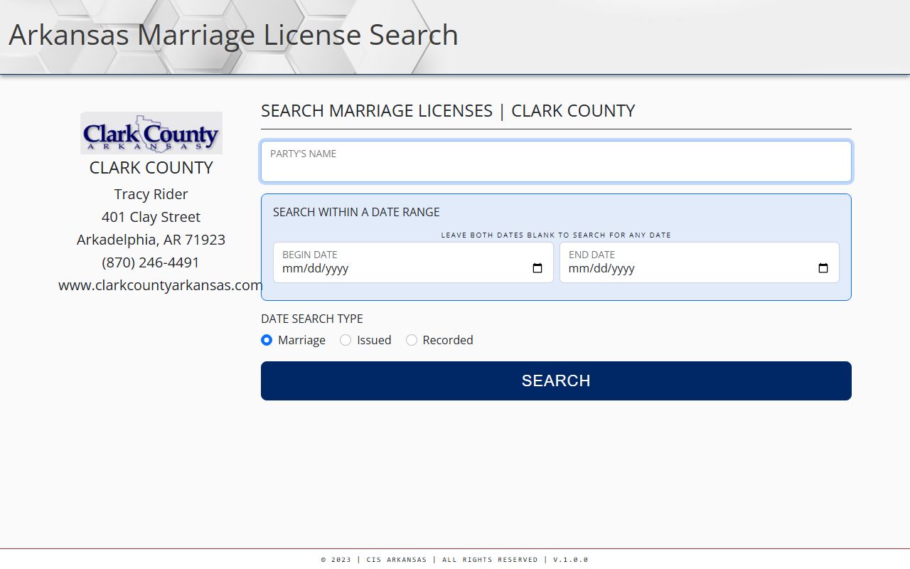 Clark County Arkansas marriage license search portal