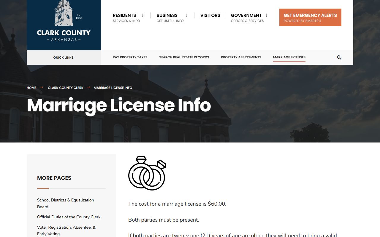 Clark County Arkansas marriage license information page