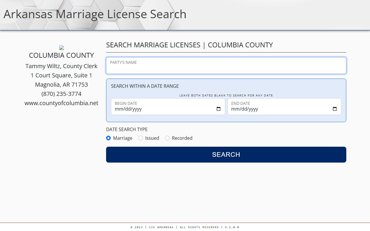 Columbia County Arkansas marriage license search portal