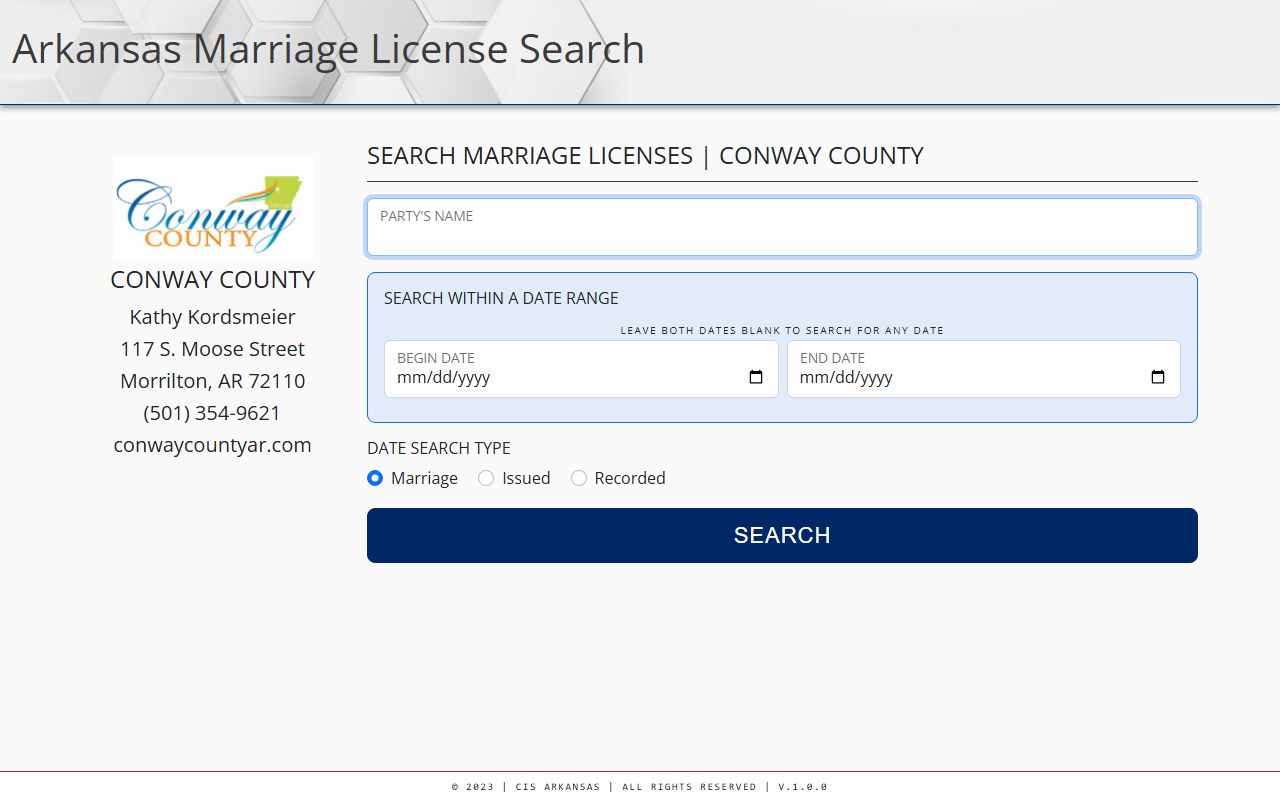 Conway County Arkansas marriage license search portal on CIS Arkansas