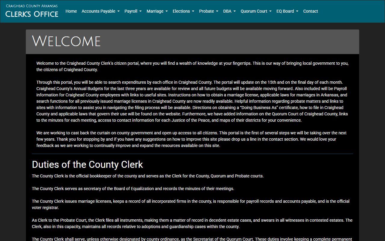 Craighead County Clerk welcome page with marriage license search
