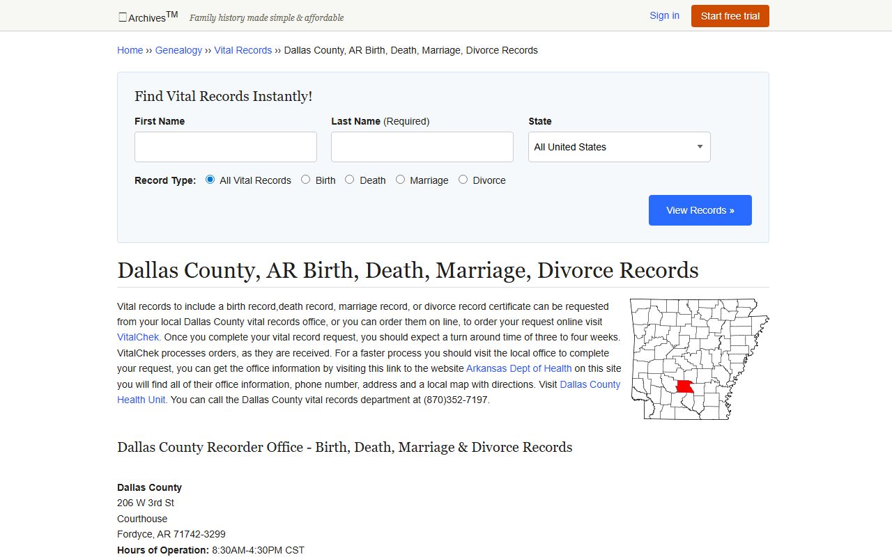Dallas County Arkansas birth death marriage and divorce records reference