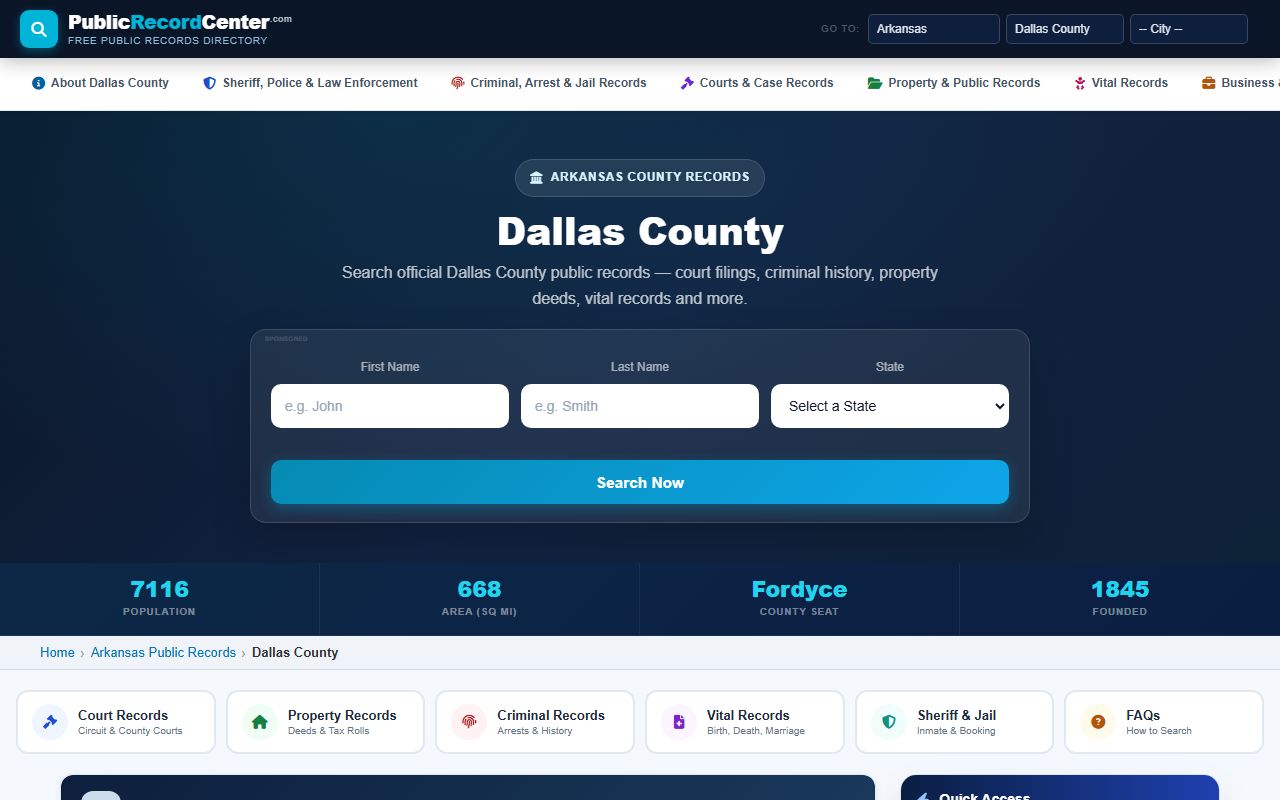 Dallas County Arkansas public records page for marriage license lookups