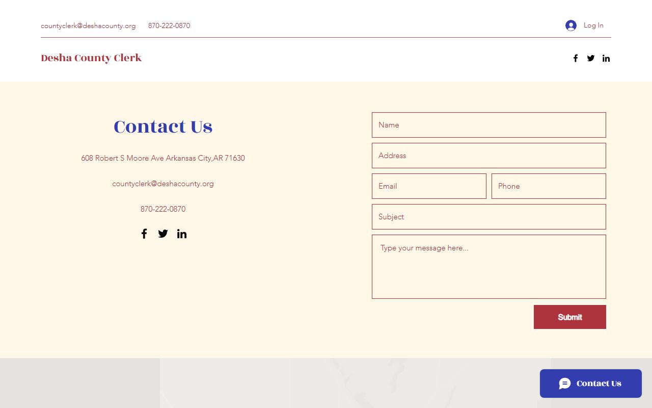 Desha County Clerk contact page for marriage license questions