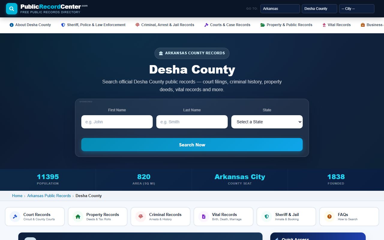 Desha County Arkansas public records page with marriage license fees