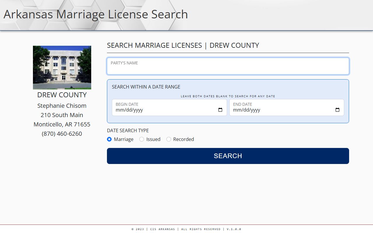 Drew County Arkansas marriage license search portal