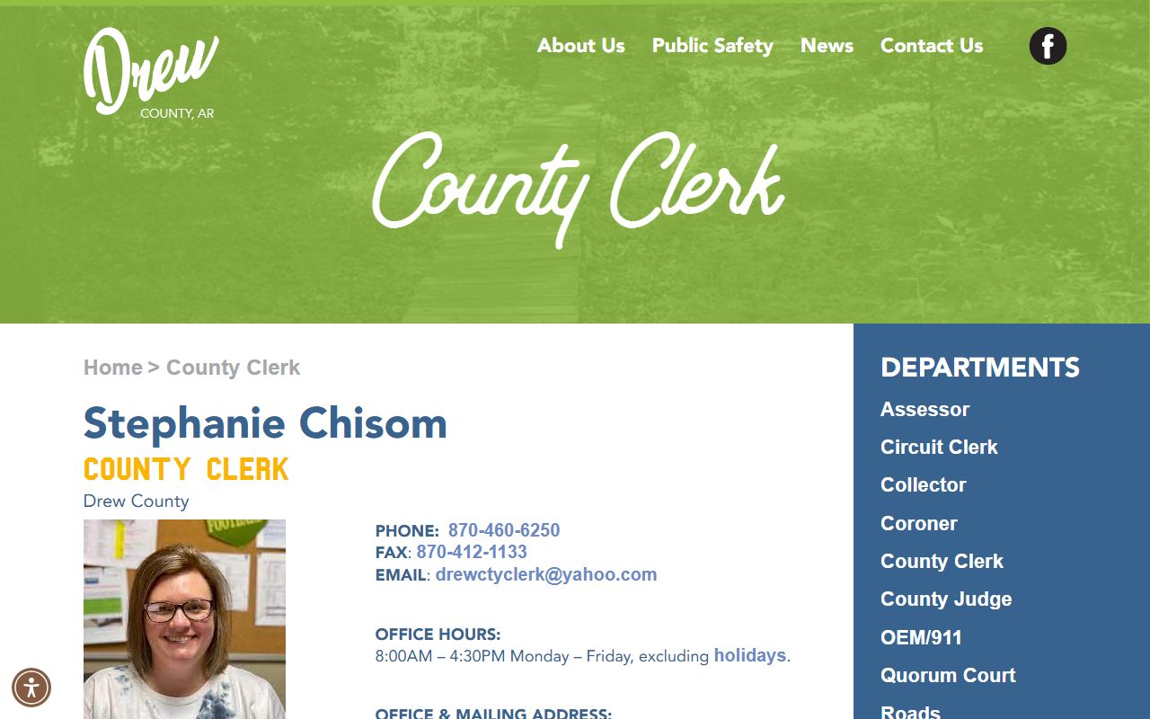 Drew County Clerk department page for marriage license records