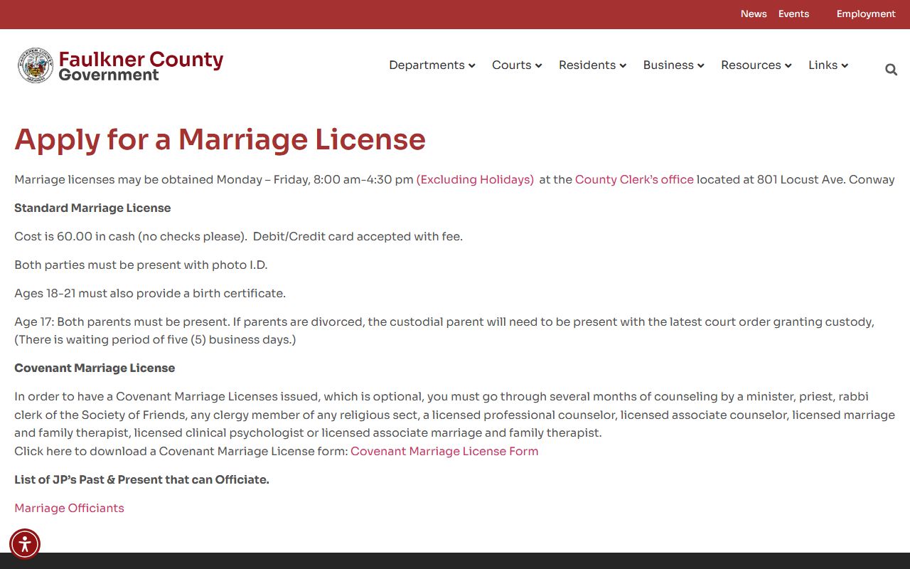 Faulkner County apply for a marriage license page at the clerk