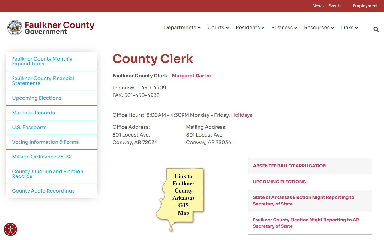 Faulkner County Clerk department page for marriage license info