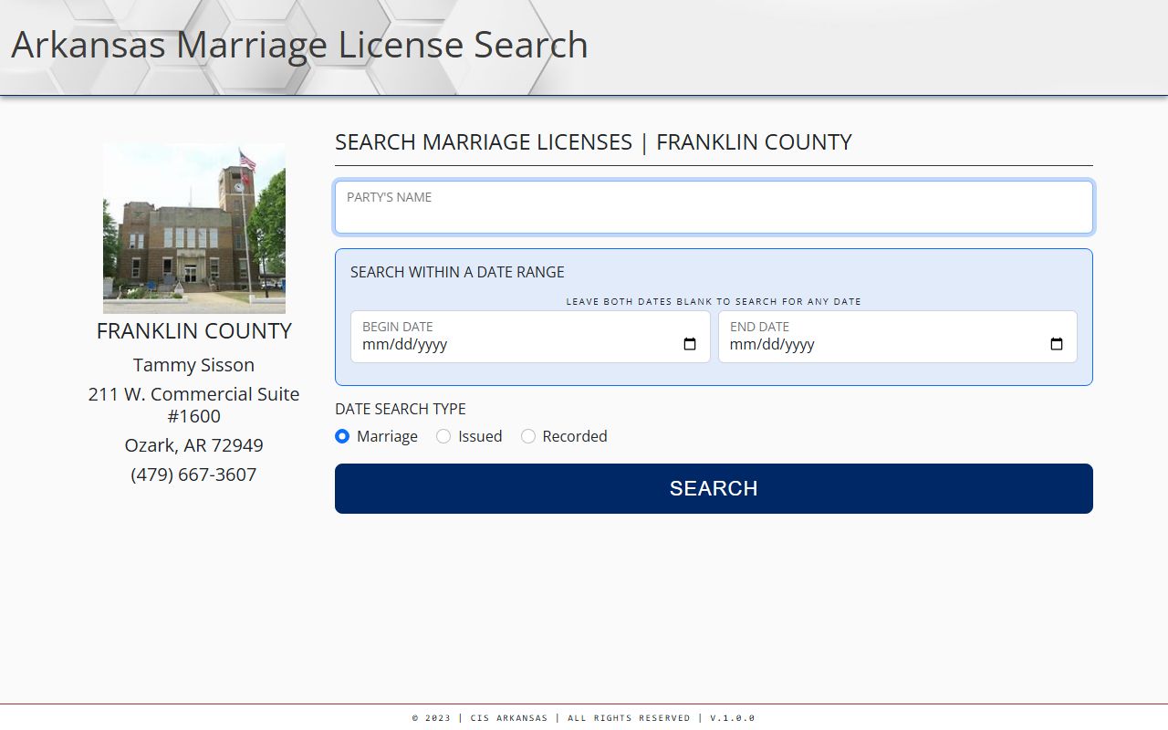 Franklin County Arkansas marriage license search Ozark district