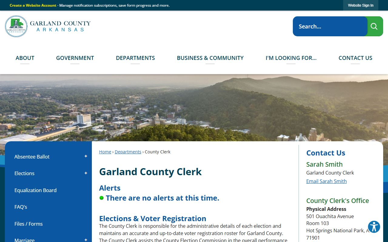 Garland County Clerk page for marriage license records
