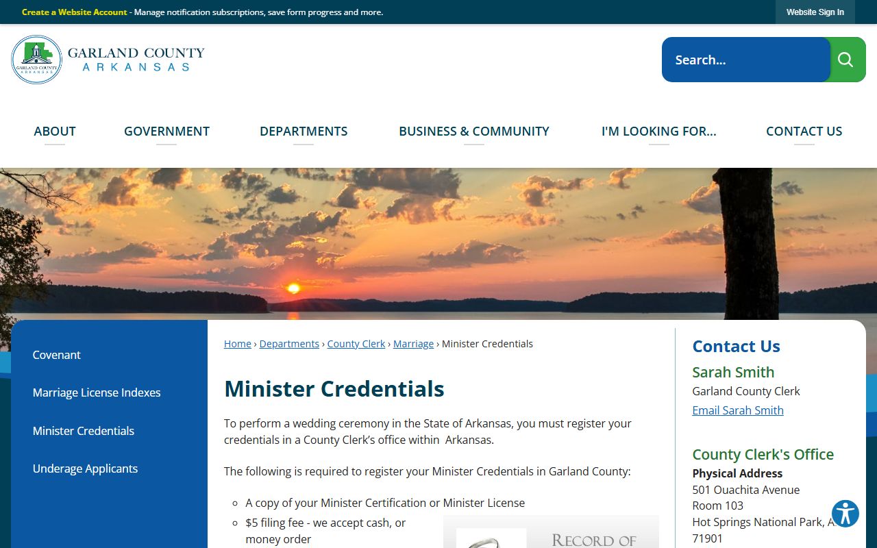 Garland County minister credentials filing page for marriage license