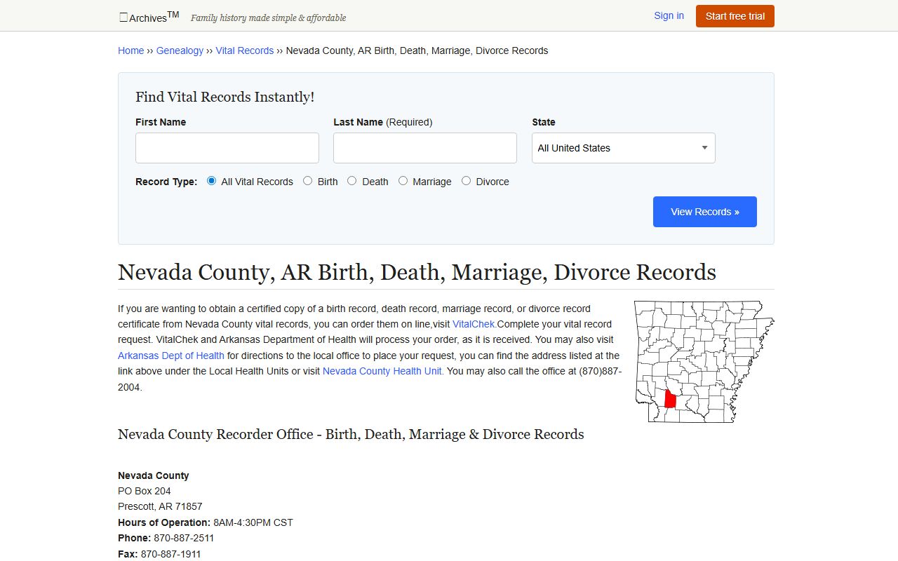 Nevada County AR vital records overview