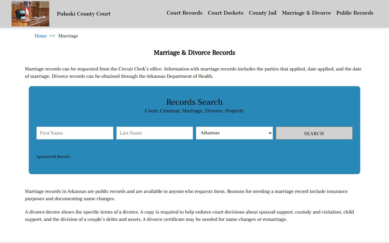 Pulaski County Court marriage and divorce records page