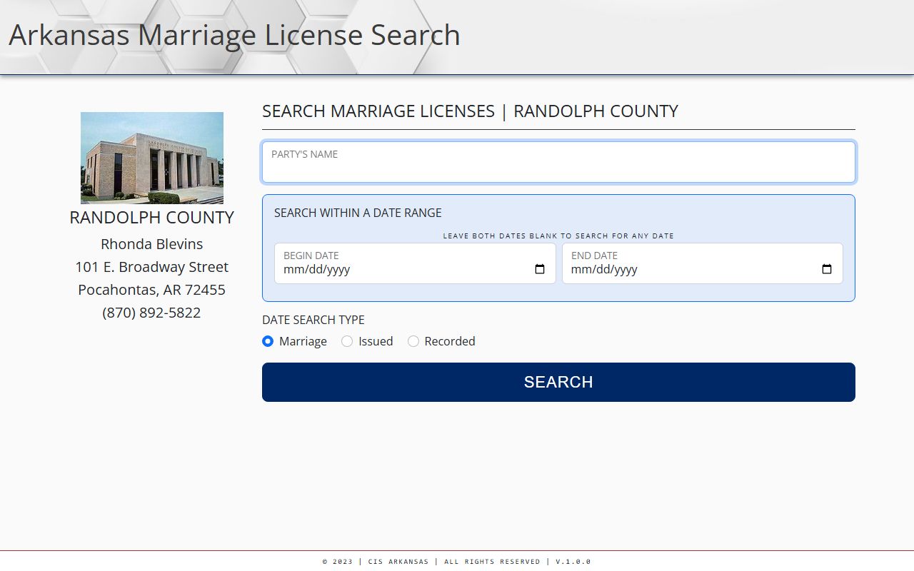 Randolph County Arkansas marriage license search portal