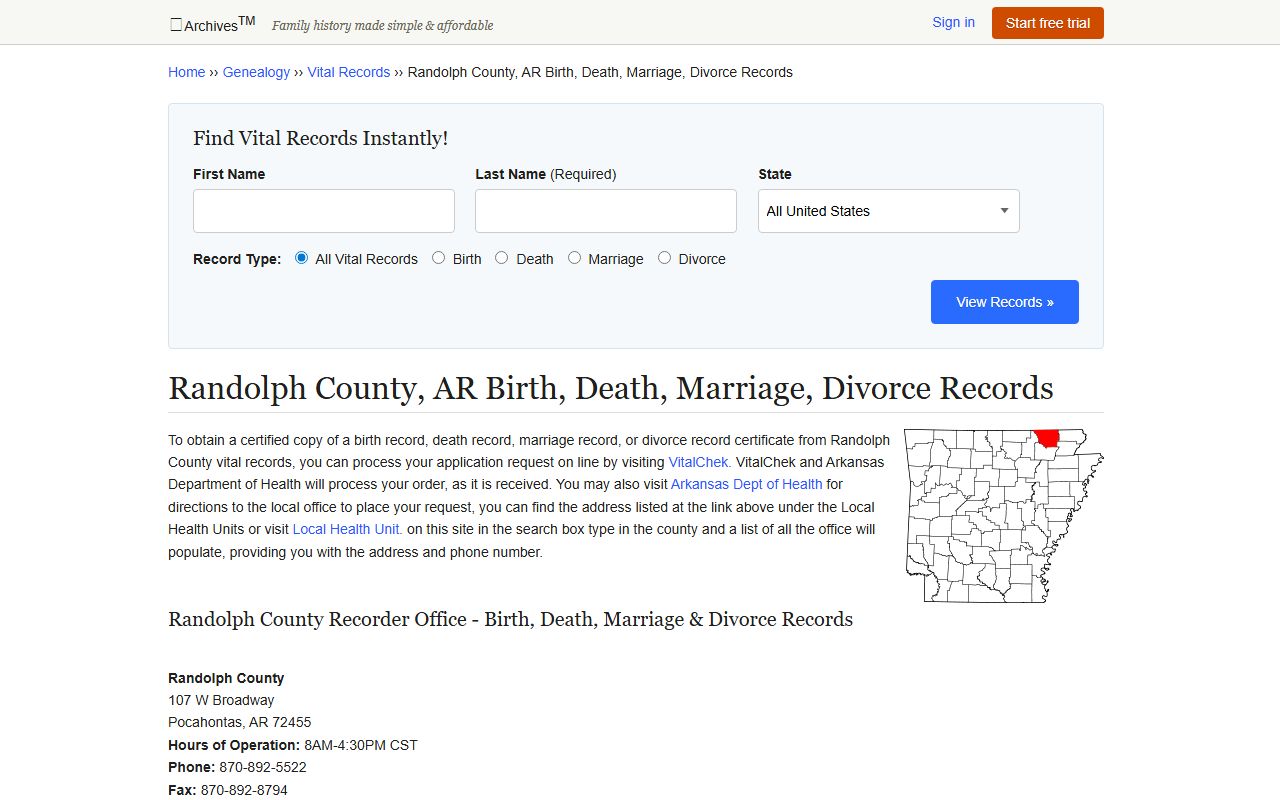 Randolph County Arkansas vital records office