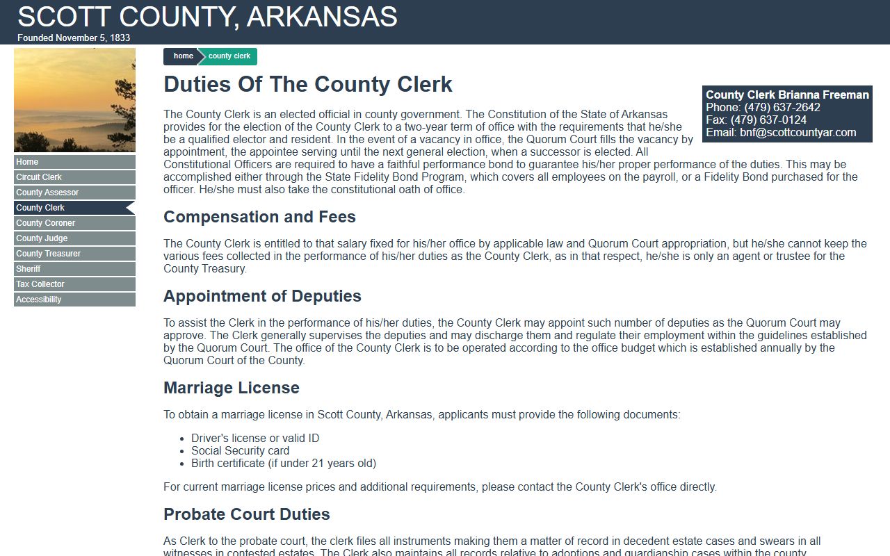 Scott County Clerk Arkansas marriage license requirements page
