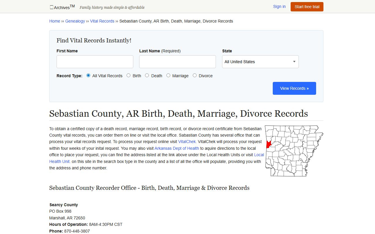 Sebastian County Arkansas recorder office marriage license vital records