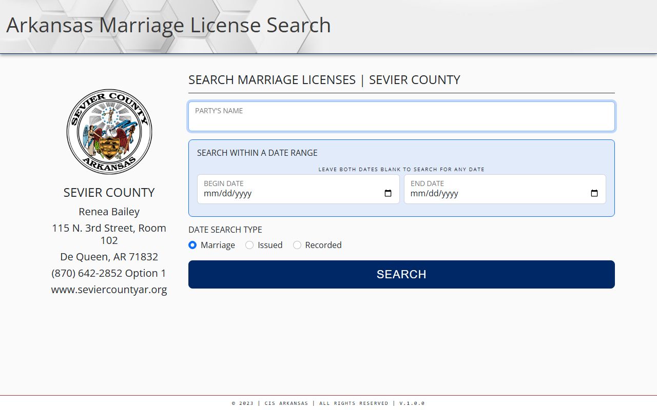 Sevier County Arkansas marriage license search portal page