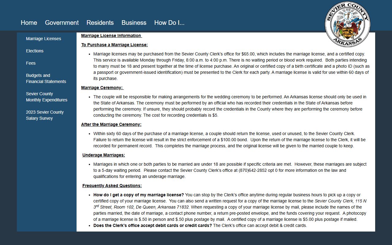 Sevier County Arkansas marriage licenses official page fees rules