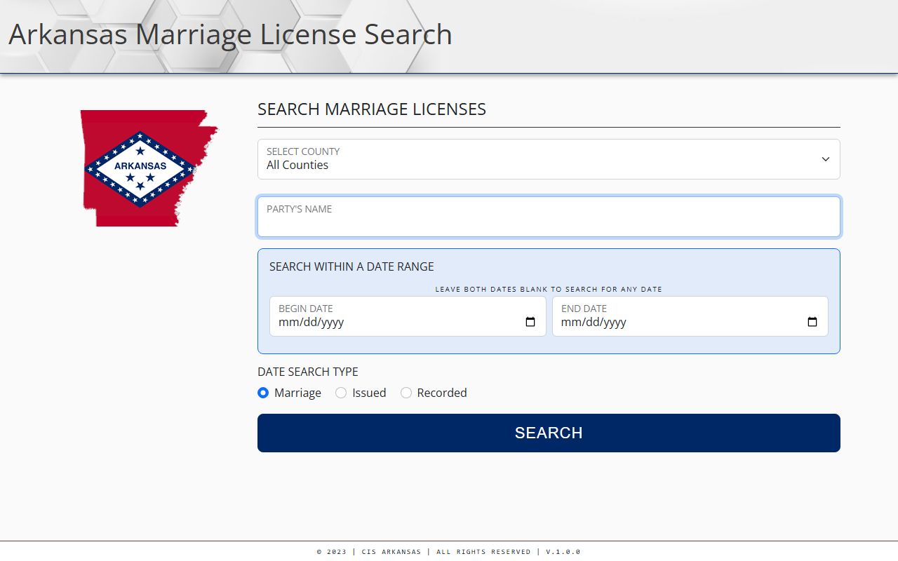 Van Buren County Arkansas marriage license search portal page