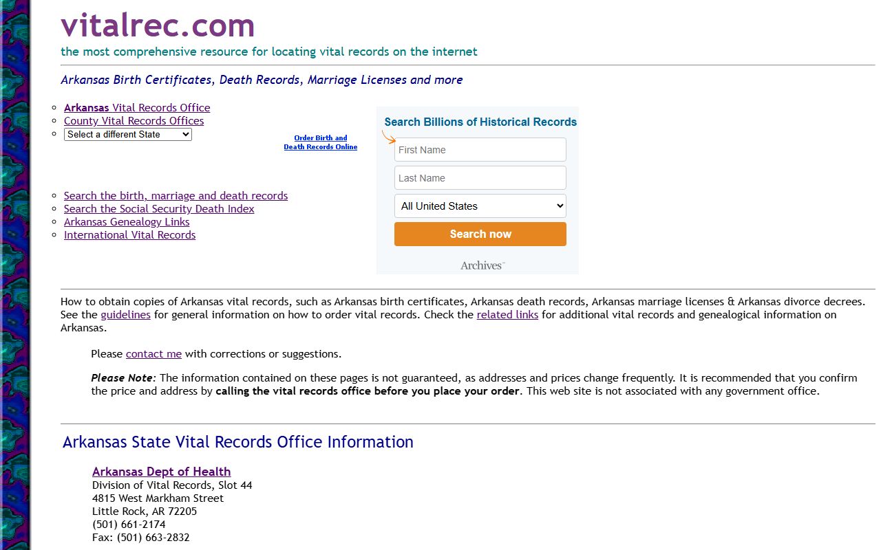 Arkansas vital records office services and fees
